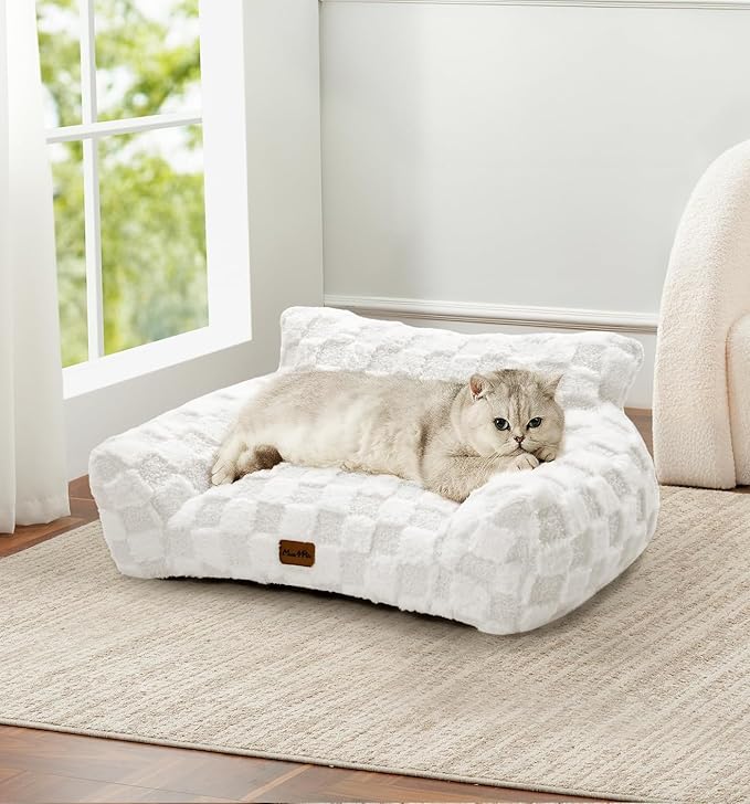 Made4Pets Cat and Dog Couch Bed, Soft Faux Fur Checkered Pet Sofa, Cozy Fluffy Pet Sofa with Supportive Foam, Removable Washable Cover with Non-Slip Base, White, Medium