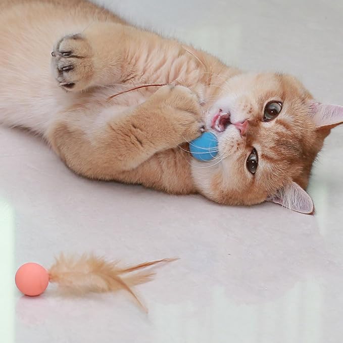 Cat Toys Balls with Feathers, 3 Pcs Interactive Cat Bouncy Balls for Indoor Cats and Playful Kittens, Rubber Kitten Ball Toys for Interactive Playing, Chase Training and Hunting Exercise