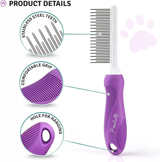 Poodle Pet Detangling Pet Comb with Long & Short Stainless Steel Teeth for Removing Matted Fur, Knots & Tangles – Detangler Tool Accessories for Safe & Gentle DIY Dog & Cat Grooming