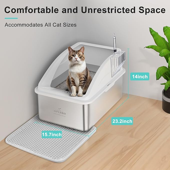Stainless Steel Litter Box | XXL Deepened 8" Design Enclosed Cat Litter Box with Lid for Big Cats | High Sided, Anti-Urine Leakage | Non-Stick Bottom & Includes Litter Mat & Metal Scoop