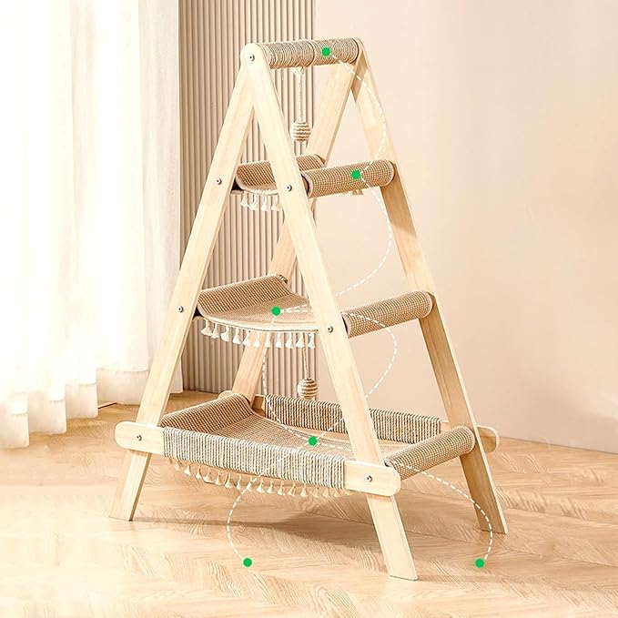 SHENGOCASE 3-Tier Modern A Frame Wooden Cat Tree Tower Ladder with Multi-Level Bed Hammock for Large Cat and Sctatching Post, Hanging Toy Ball (Beige)