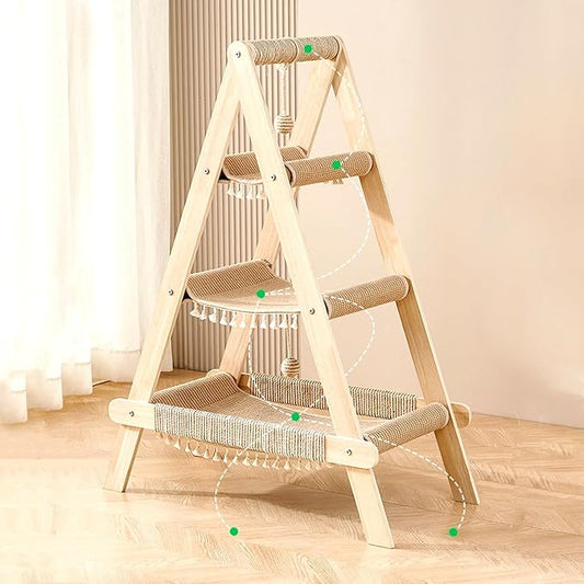 SHENGOCASE 3-Tier Modern A Frame Wooden Cat Tree Tower Ladder with Multi-Level Bed Hammock for Large Cat and Sctatching Post, Hanging Toy Ball (Beige)