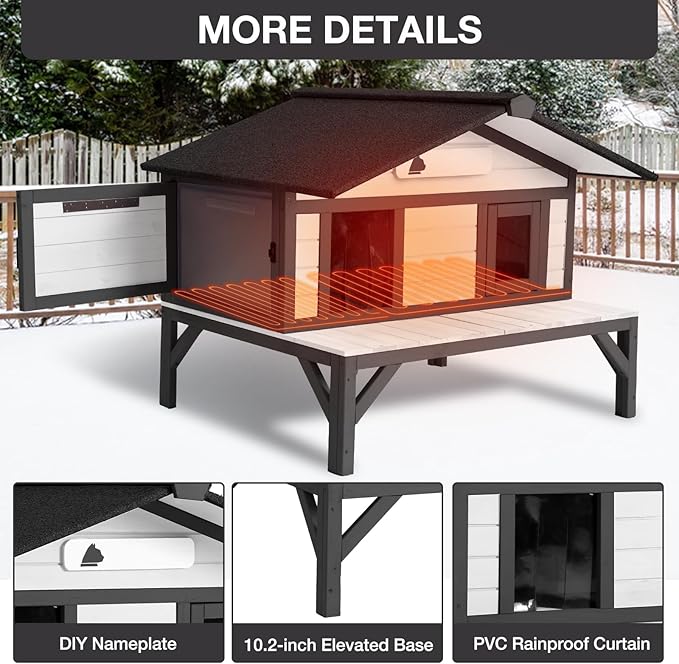 Heated Insulated Cat House Outdoor, Weatherproof Feral Cat House for Outside, Kitty Shelter with Heating Pad for Winter (Black & White,35.4" D x 31.7" W x 30.4" H)