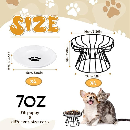 Roshtia 4 Sets Elevated Cat Bowls Ceramic Raised Cat Food Bowls with Metal Stand Dishwasher Safe Dishes Non Slip Elevated Food Plate(Black,Paw)