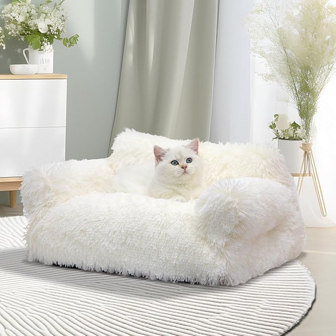 Cat Couch Bed for Indoor Cats, Calming Pet Sofa Puppy Sleeping Bed with Removable Washable Cover, Cute Dog Couch and Kitty Lounge Chair for 18lbs Cat & Small Dog(Plush White)