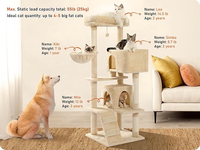 Cat Tree for Indoor Cats, 2 Cozy Condos with Spacious Top Perch, 56.3-Inch Multi-Level Cat Tower with Scratching Posts, 2 Caves, Plush Hammock and Climbing Ramp, Beige