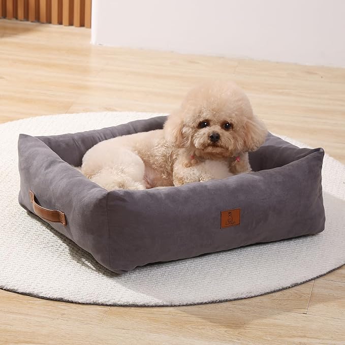 25In Dog Bed for Small Medium Sized Dogs - Washable Rectangle Puppy Bed for Indoor Outdoor, Cozy Pet Bed with Support Pillow & Non-Slip Bottom(Grey, Medium)