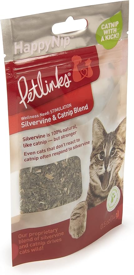 Petlinks HappyNip Catnip & Silvervine Blend for Cats & Kittens, Highly Potent Stimulant/Attractant, Great for Finicky Felines, Resealable Pouch - 0.5 oz