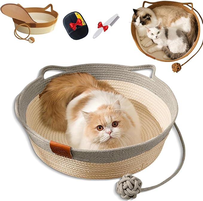 Cutypet Cat Basket, Cuty Pet Basket, Handwoven Cotton Rope Cat Bed, cat Scratch Bed with Built-in Teasing Ball, Breathable & Easy to Clean and Detachable Pad (Gray, Medium)