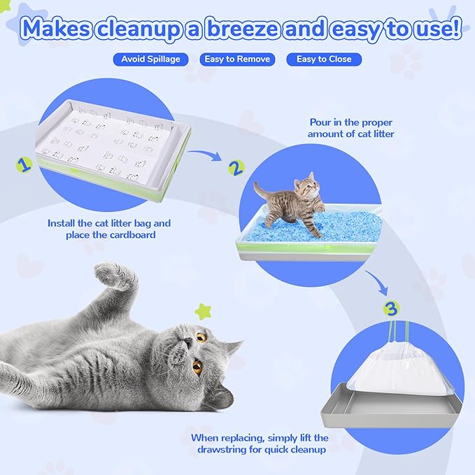 Cat Litter Liners with Anti-scratch Cardboard for Pet Scoop Free Self-Cleaning Litter Box, Kitten Waste Bag Compatible with Reusable/Disposable Refill Tray, Large Drawstring Kitty Poop Bags 20 Count