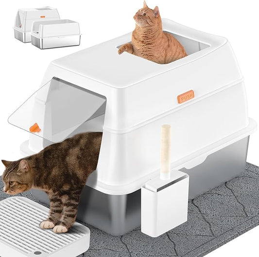 Stainless Steel Litter Box with Lid,Extra Large Enclosed Removable Cat Litter Boxes for Big Cats,Top Entry Metal Kitty Litter Box with Cover.Anti-Leakage,Easy Cleaning.Includes Scoop&Litter Mat-White