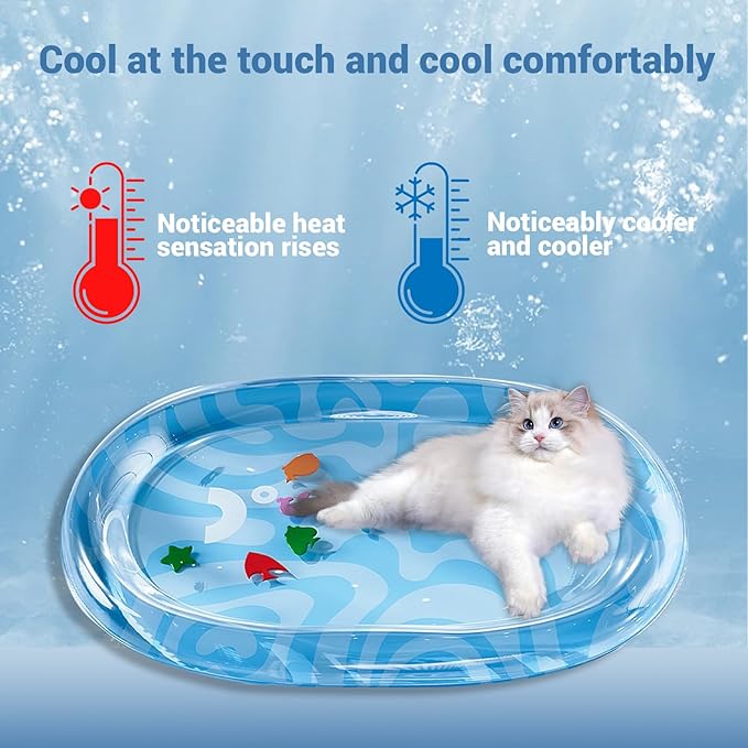 DHorse Pet Water Bed,Thickened Sensory Water Playmat for Dogs Cats with Fish Toys,Cooling Mat,Puncture Proof Cooling Mat,Washable Inflatable Playmat,Summer Indoor Interactive Pet Toys (Blue B,Large)