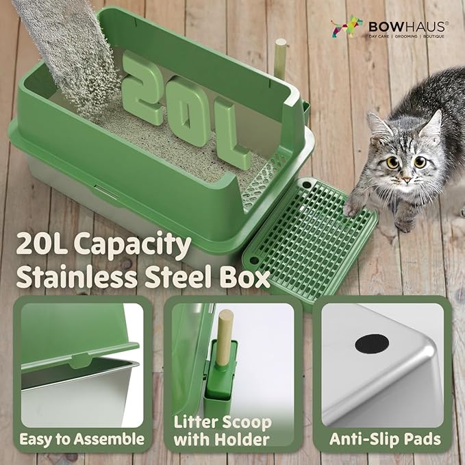 XL 3 in 1 Enclosed Extra Large Metal Litter Box w/Lid, Stainless Steel Cat Litter Box, Odorless Steel Litter Pan, Anti-Leakage & Easy Clean, High Sided Metal Litter Box w/Scoop, Green