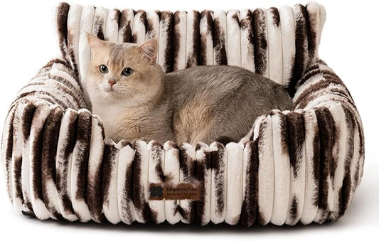 MEWOOFUN Cat Beds for Indoor Cats, Fluffy Cat Couch with Removable Washable Cover, Supportive Small Dog Beds for Puppy & Kitten up to 15 lbs (Brown Gradient, 24x19x12)