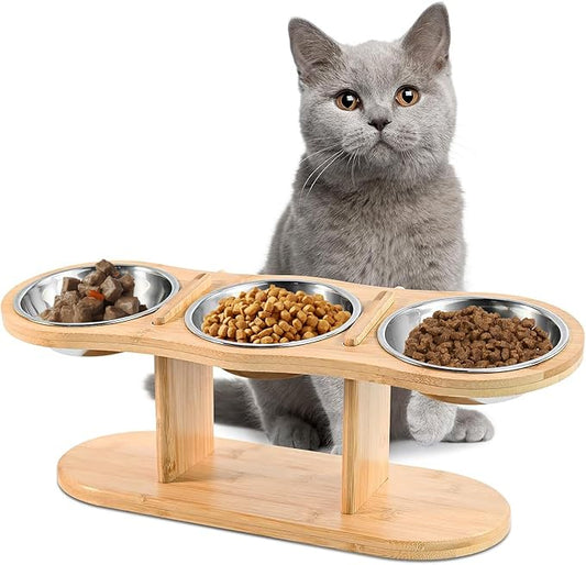 Elevated Cat Bowls - 3 Stainless Steel Cat Bowls with 15° Tilted Bamboo Stand for Indoor Cats, Small Dogs and Puppy