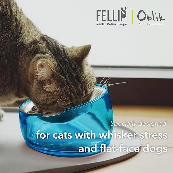 Felli Oblik Elevated Cat Bowl Removable Stainless Steel Wide Dish for Dry Wet Food Feeding & Dishwasher Clean, Slanted Whisker Fatigue Friendly Metal Plate + Acrylic Base Non Slip (0.5Cup Sapphire)