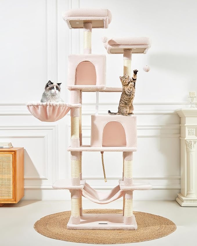 TaoqimiaoCat Tree Cat Tower for Indoor Cats, Plush Multi-Level Cat Condo with 12 Scratching Posts, 2 Perches, 2 Caves, Hammock, 2 Pompoms Jelly Pink
