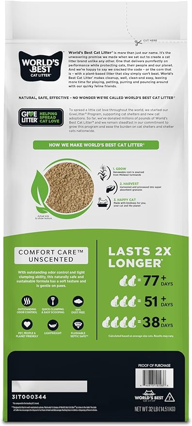 WORLD'S BEST CAT LITTER Comfort Care Unscented, 32-Pounds - Natural Ingredients, Quick Clumping, Flushable, 99% Dust Free & Made in USA - Long-Lasting Odor Control & Easy Scooping