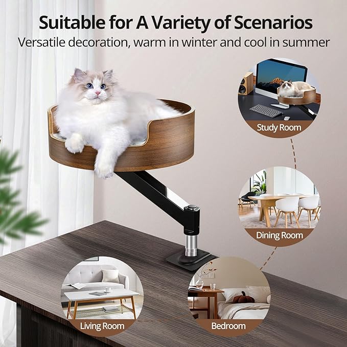 Cat Desk Bed Wood,Desk Cat Bed with 26lbs Strong Load-Bearing,Cats Bed for Desk 360° Adjustable Elevated & Thick Metal Stand,Stable and Safe,Suits Home Office and Gamer Closer to Cats-Walnut Finish