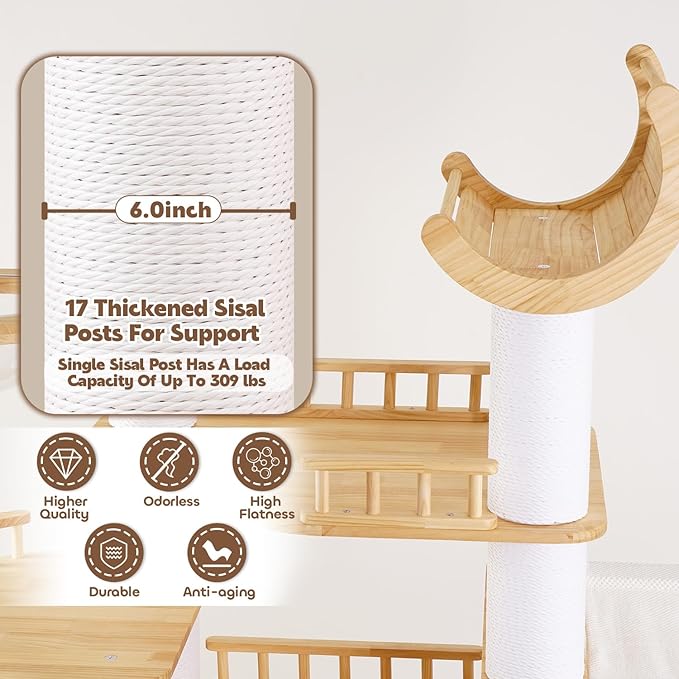 82.6'' Large Maine Coon Cat Tree,Luxury Wooden Cat Tower for Indoor Big Cats Adults 20lbs,XXL Heavy Duty Cat Condo with Big Cat Bed,Hammock,2*Clear Bowl,Platform with Fence,Sisal Ladder,Cat Furniture