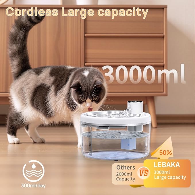 Wireless Cat Water Fountain with Stainless Steel Tray, Battery Operated Cat Fountain - 102oz/3L Automatic Pet Water Dispenser, Easy Clean with Motion Sensor for Cats, Dogs-8Filters
