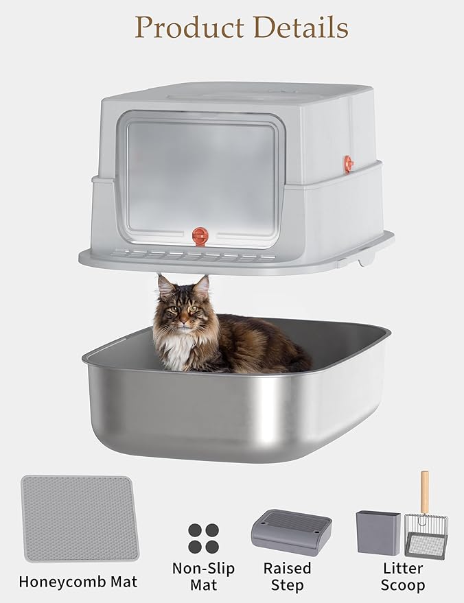 Stainless Steel Litter Box with Lid, Extra Large Enclosed Cat Litter Box for Big Cats, Anti-Leakage Metal Kitty Box with High Sided Enclosure, Scoop, Pedal & Non-Slip Mat, Easy to Clean