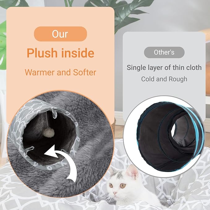 LUCKITTY Geometric Straight Cat Tunnel with Plush Inside,Cats Toys Collapsible Tunnel Tube with Balls, for Rabbits, Kittens, Ferrets,Puppy, Diameter 9.8 Inch