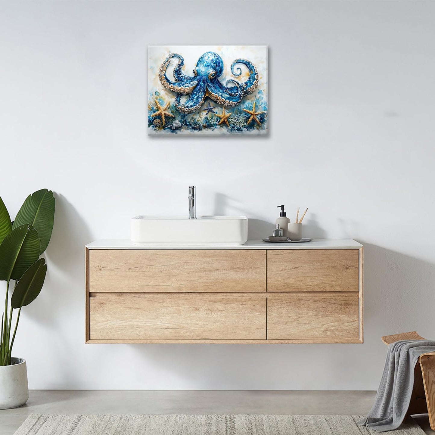 Octopus Bathroom Pictures Wall Art, Sea Animal Ocean Bathroom Wall Decor, Nautical Framed Painting Canvas Artwork for Bedroom Living Room Decorations 16"L x 12"W