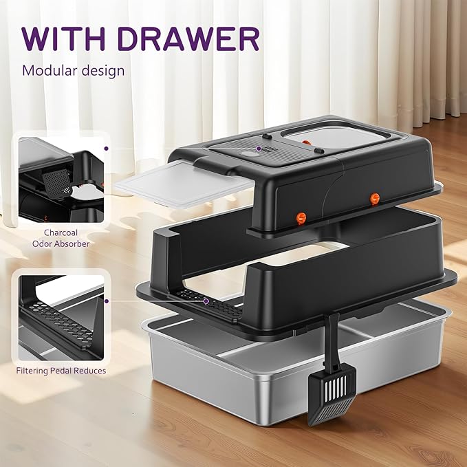 Stainless Steel Litter Box with Lid, 28" XXXL Large Cat Litter Box Enclosure for Multiple Cats, Odor Control with Carbon Filters, Anti-Leak High Sided, Includes Removable Lid & Scoop, Black