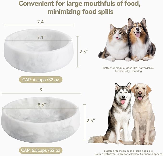 White Marble Dog Bowls, Non-Slip Dog Food Water Bowl Small, Heavy Duty Pet Bowl for Cats and Medium Dogs, Weighted African Natural Marble, Holds 4 Cups(5lbs)