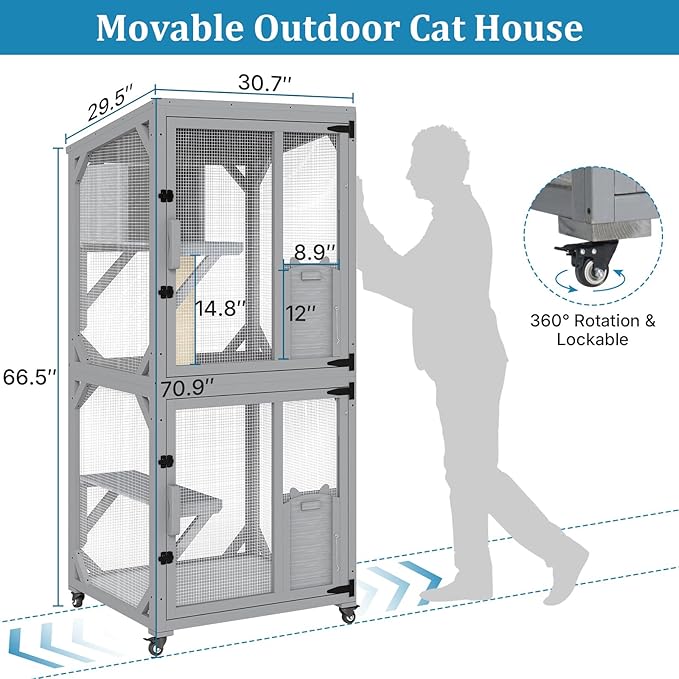 Catio Outdoor Cat Enclosure, Cat Patio Enclosure with 3 Platforms, Cat Condo Outdoor, Wooden Movable Cats Cage with 4 Wheels, Large Outdoor Cats House