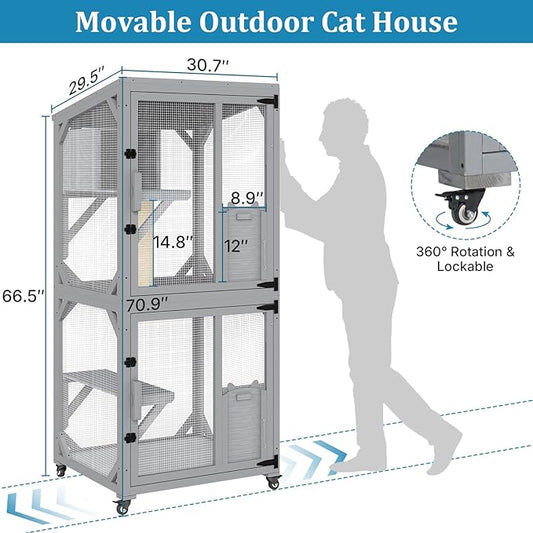 Catio Outdoor Cat Enclosure, Cat Patio Enclosure with 3 Platforms, Cat Condo Outdoor, Wooden Movable Cats Cage with 4 Wheels, Large Outdoor Cats House