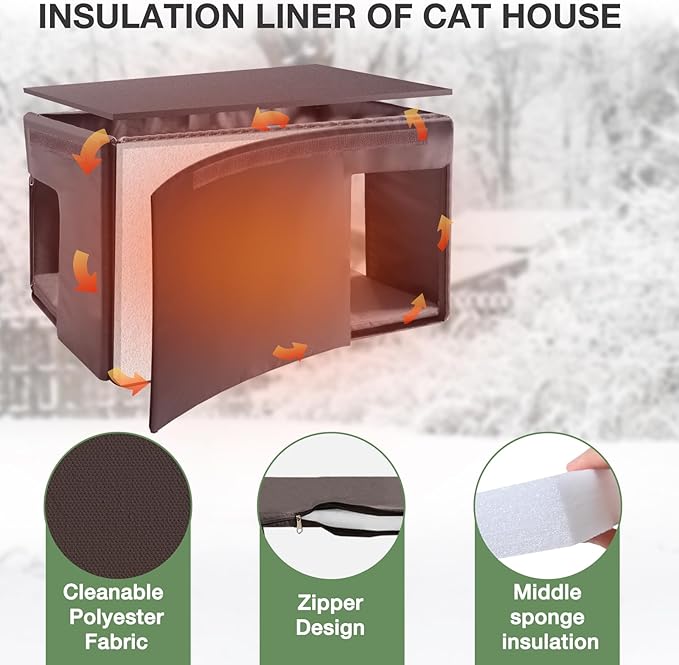 Outdoor Cat House with Insulated Liner, Heated Feral Cat House for Winter, Weatherproof Stray Cat Shelter Outside, Kitty Condo Indoor
