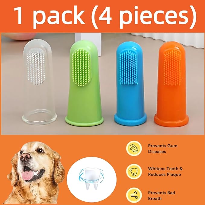 4 Pack Pet Tooth Brushing Kit – Extra Soft Finger Toothbrushes for Cats & Dogs Gentle Plaque & Tartar Removal, Freshens Breath Pain-Free Teeth Cleaning for Small to Large Pets