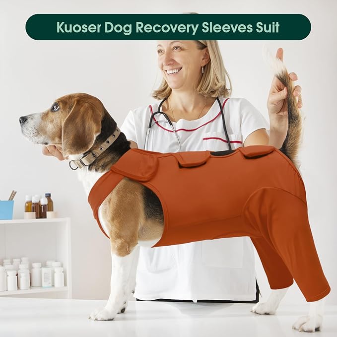 Kuoser Dog Surgery Recovery Suit for Rear Legs, Thigh Wound Protective Sleeve for Dogs, Dog Recovery Sleeve for Female Male Dogs, Dog Onesie After Surgery Pet Surgical Suit for Spay Neuter, Brown S