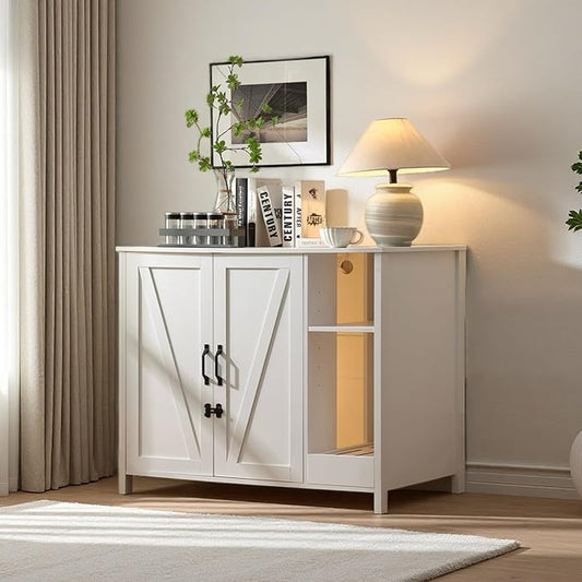 Cat Litter Robot Enclosure with Litter Collector,Cat Litter Cabinet with Dog Proof Adjustable Shelf,for Placing Litter Robot 3/4,Power Outlet (Cloud White)