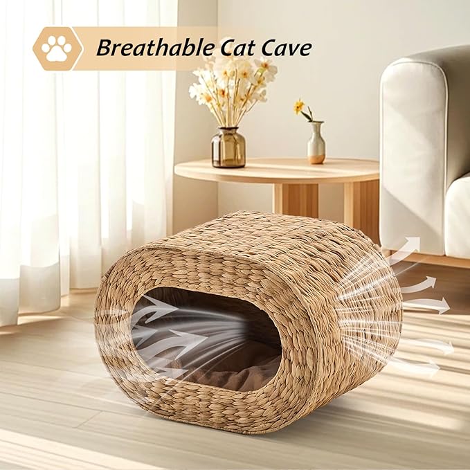 Cat House,Handwoven Cat Cave Pet Cube, Natural Cat Beds Indoor Kitten House with Double-Sided Soft Cushions, Pet Cat House for Multiple Cats, for Living Room Bedroom