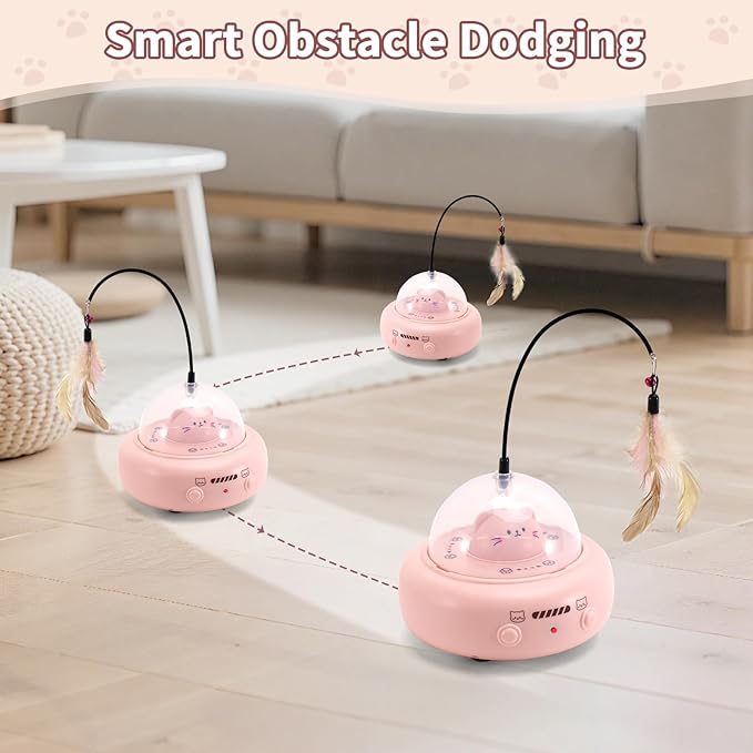 Automatic Cat Toys with Feathers, Interactive Cat Toy for Indoor Exercise, Rechargeable Teasing Toys for Indoor Cats, USB Powered, Smart Standby&Obstacle Avoidance(Pink)