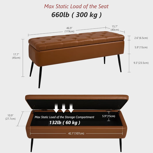 Leather Storage Ottoman Bench,End of Bed Bench for Living Room Bedroom Dinning Room Entryway,Mid-Century Modern,Faux Leather,with Steel Legs,Safety Hinges, Loads 660 lb (with Button, Brown)