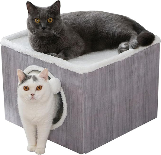 LUCKITTY Cat Condo House with Reversible Cushions and Fluffy Ball Hanging, Foldable Cube, Large Cave Bed for Indoor Cats Kittens, Grey Wood Grain Pattern