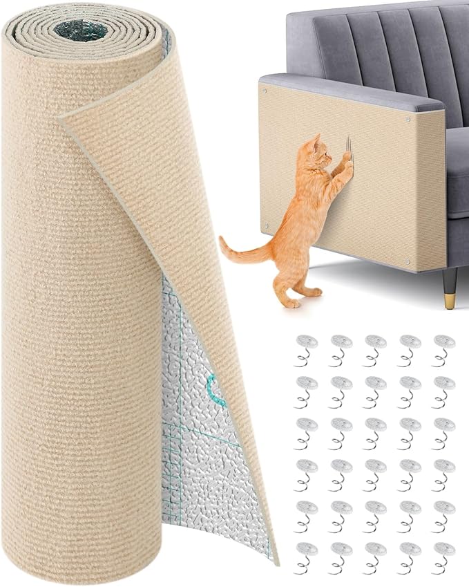 Cat Scratch Couch Furniture Protector, 78.7" x 15.8" Self-Adhesive Cat Scratch Mats, Trimmable DIY Cat Scratcher Pads for Wall, Couch Corner, Cat Tower and Replacement Pads (Khaki)