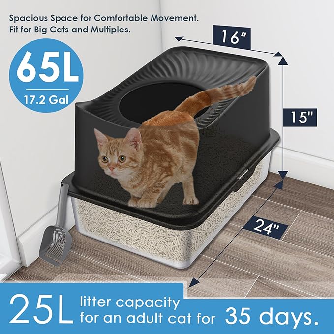 Top Entry Cat Litter Box with Lid, Stainless Steel Extra Large Enclosed Cats Kitty Litter Pan Easy Cleaning, XL Metal High Side litter Boxes Tray, Cat Box Enclosure, Never Absorb Odor or Rust