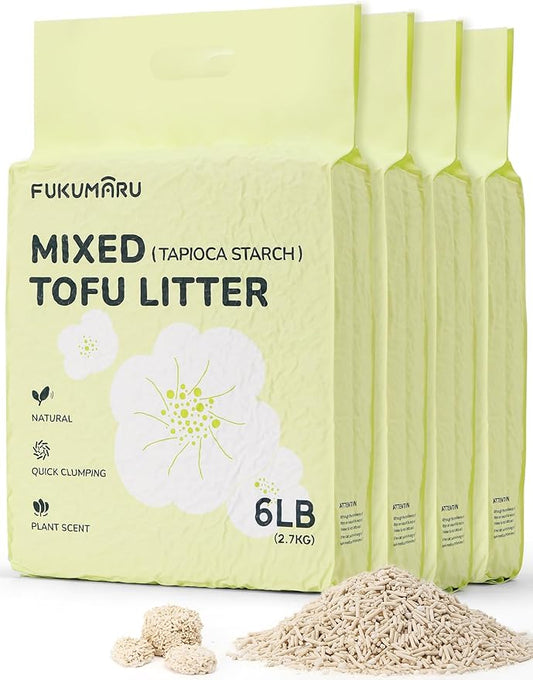 FUKUMARU Tofu Cat Litter, 24lb Fast Clumping & Odor Control, Gardenia Scent, Natural Bean Dregs & Cassava Starch, Dust-Free, Flushable, Low Tracking, Ultra Absorbent, Lightweight, 6lb x 4 Bags