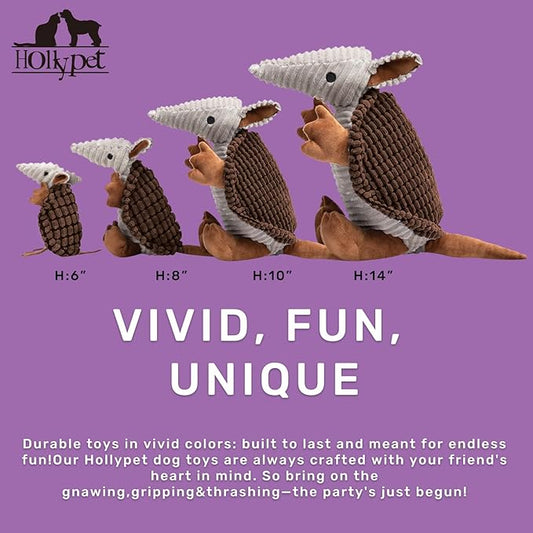 Hollypet Plush Dog Squeaky Toy Stuffed Armadillo Animal Pet Puppy Chew Toys with Clean Teeth for Small Medium Large All Breed Sizes Dogs, Brown, 6 in