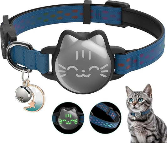 Waterproof Airtag Cat Collar, Breakaway Cat Airtag Collar with Luminous & Reflective Pattern Strap, Lightweight Kitten Collars for Apple Air tag, Hidden Holder for GPS Tracker - Cats, Kittens (9-13")