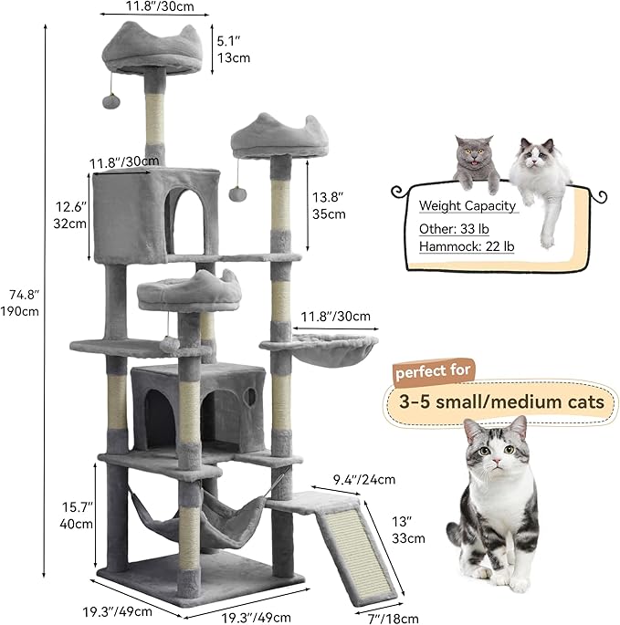 YITAHOME Tall Cat Tree for Indoor Cats, 75 inch Multi-Level Cat Tower with Cat Condos, Top Perches, Sisal Ramp Scratching Posts, Cozy Basket, Hammocks, Large Cat Pet Activity Structure, Light Gray