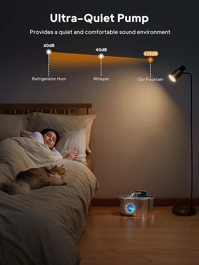 Voluas Cat Water Fountain Stainless Steel: 108oz/3.2L Wireless Cat Fountain Battery Operated for Drinking Indoor, Cordless Automatic Pet Water Dispenser Bowl with Water Level Window, BPA-Free