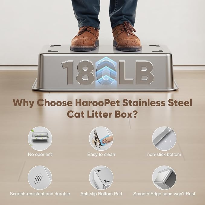 Stainless Steel Litter Box with Lid,XXL Extra Large Enclosed Metal Litter Box for Big Cat, Removable Front Entry Top Exit Kitty, with High Sided Enclosure & Scoop, Footboard(Grey)