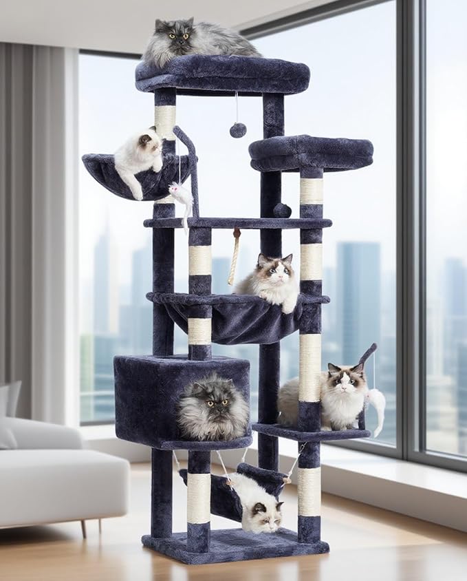 Cat Tree, Cat Tower for Large Cats with 2 Big Platforms, 2 Baskets, condo and Toys, 63" Cat Scratching Posts for Indoor Cats, Smoky Gray GCT020G