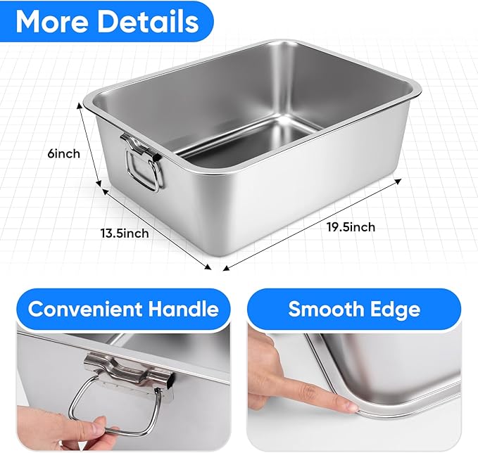 Stainless Steel Litter Box with Handle for Cat and Rabbit, 19.5" L x 13.5" W x 6" H, Odor Control Litter Pan, Fold-able Feeding Plate, Non Stick Smooth Surface